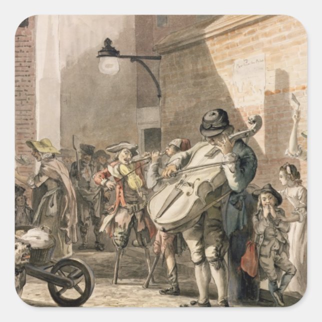 Itinerant Musicians playing in a poor part of town Square Sticker (Front)