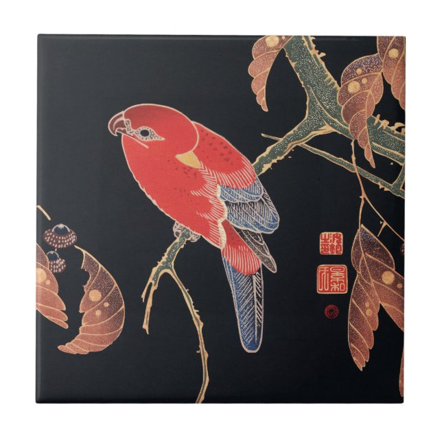 Ito Jakuchu Red Parrot on the Branch Japanese Art Tile (Front)