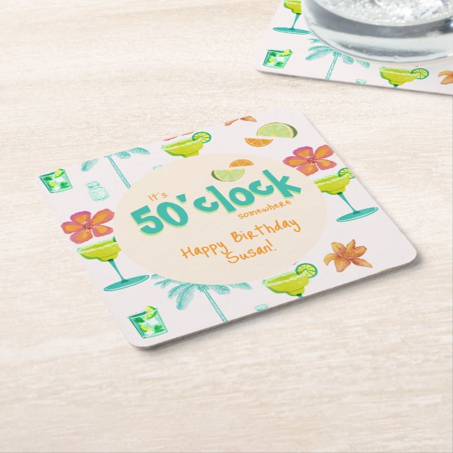 It's 50 O'clock Somewhere Party Theme Square Paper Coaster (Angled)