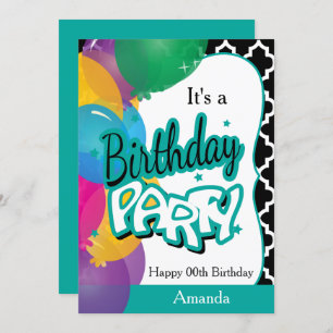 It's A 00th Birthday Party with Balloons in Teal Invitation