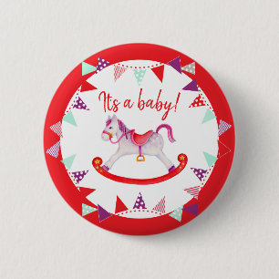 It's a baby shower hobby horse and bunting 6 cm round badge