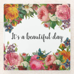 It's a Beautiful Day Colourful Floral Vintage Glass Coaster