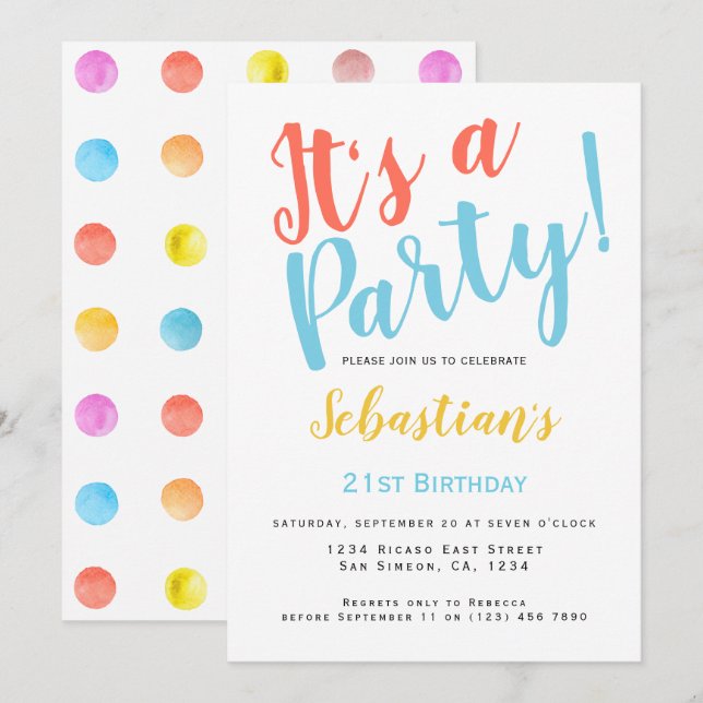 Its A Birthday Party Typography Colourful Dots Invitation (Front/Back)