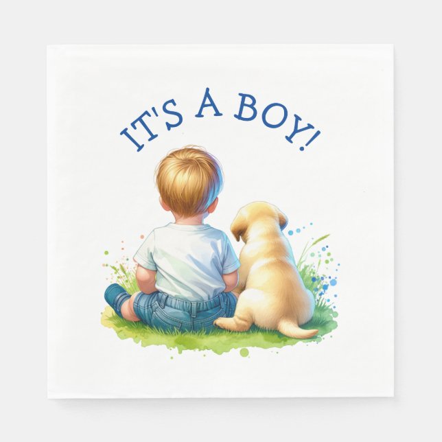 It's a Boy | A Baby and his Dog Baby Shower Napkin (Front)