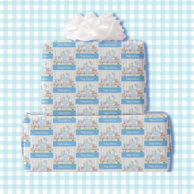 It's a Boy! Add First or Last Name Cute Teddy Wrapping Paper (Creator Uploaded)