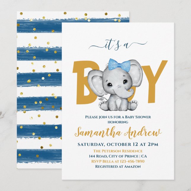 It's a Boy Adorable Baby Elephant Baby Shower Invitation (Front/Back)