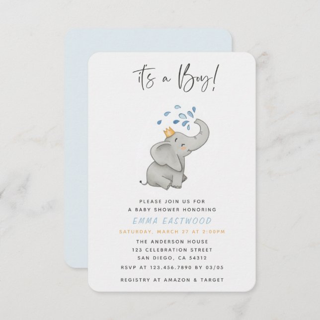It's a Boy Adorable Elephant Sprinkle Baby Shower Invitation (Front/Back)