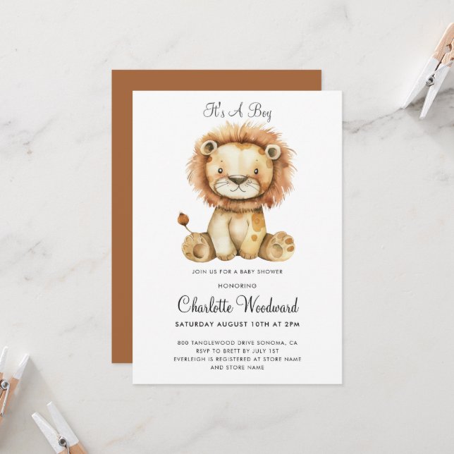 It's A Boy Adorable Lion Cub Boy Baby Shower Invitation (Front/Back In Situ)