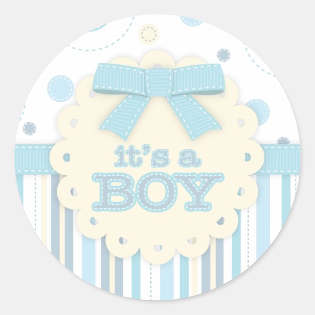 It's a Boy All in Blue Stitches & Bow Baby Shower Classic Round Sticker (Front)