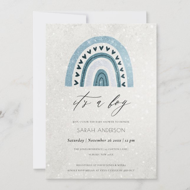 IT'S A BOY AQUA BLUE RAINBOW BABY SHOWER INVITE (Front)