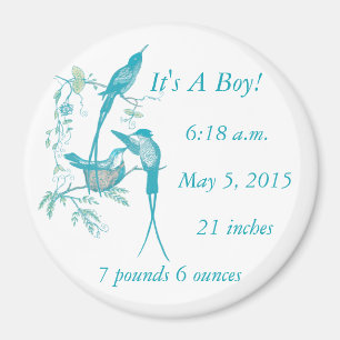 It's A boy! Aqua Vintage Bird Mum Dad Baby Magnet