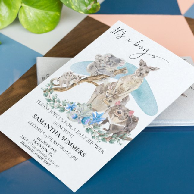 It's a Boy Australian Animal Baby Shower Blue Invitation (Creator Uploaded)