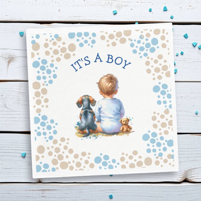 It's a Boy | Baby and Dachshund Puppy Baby Shower Napkin (Creator Uploaded)