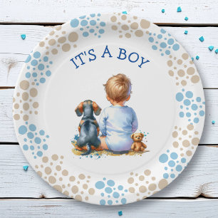 It's a Boy Baby and Dachshund Puppy Baby Shower Paper Plate
