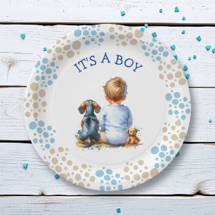 It's a Boy   Baby and Dachshund Puppy Baby Shower Paper Plate