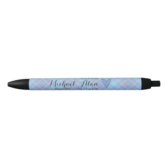 It's a Boy Baby Blue Plaid Birth Announcement Black Ink Pen (Front)
