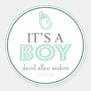 It's A Boy Baby Bottle Favour Sticker (Green/Grey)