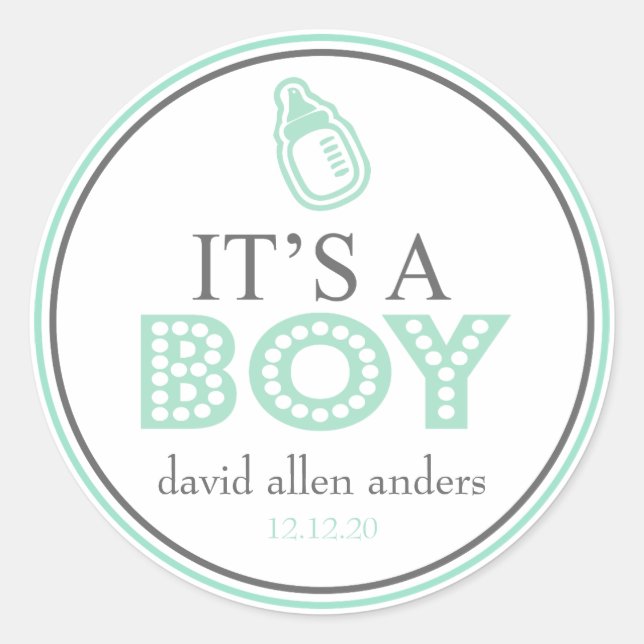 It's A Boy Baby Bottle Favour Sticker (Green/Grey) (Front)