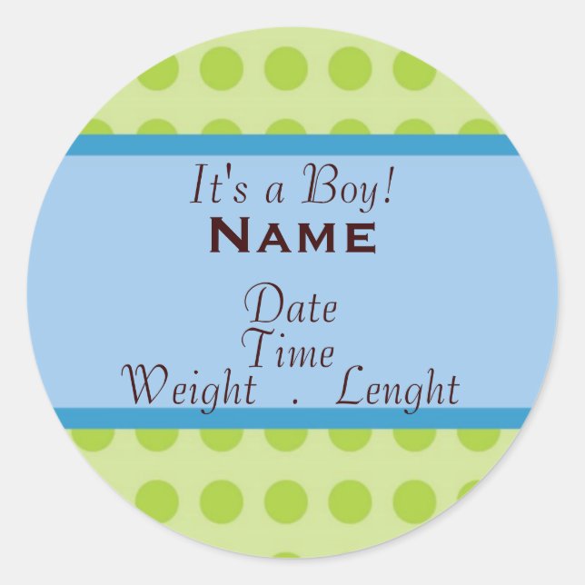 "It's A Boy" Baby Boy Birth Announcement Classic Round Sticker (Front)