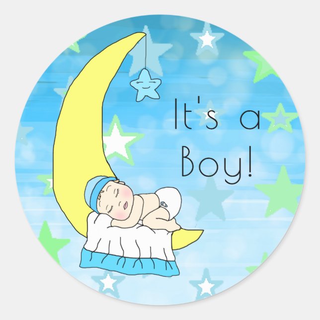 It's a Boy, Baby Boy on Moon and Stars Classic Round Sticker (Front)