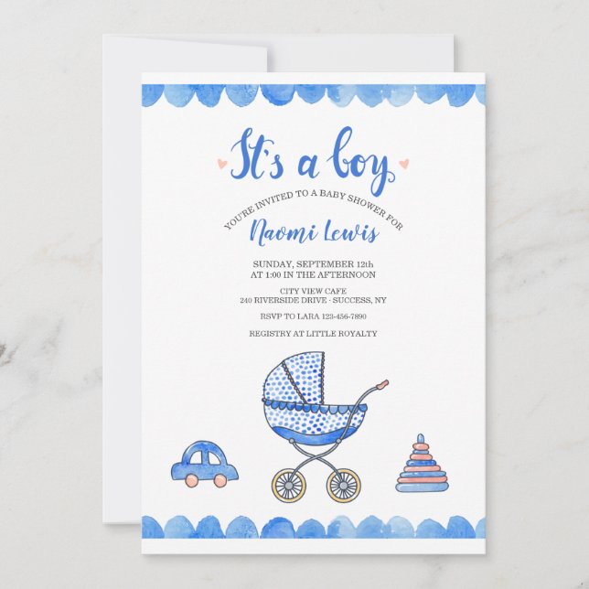 It's a Boy Baby Carriage Shower Invitation (Front)