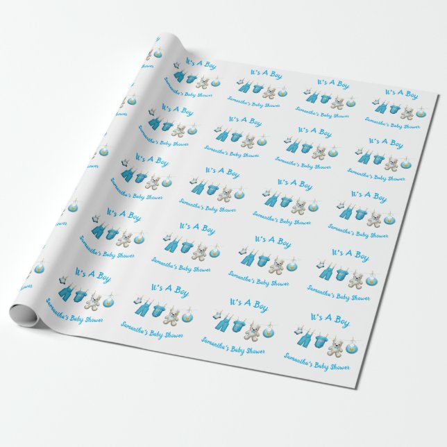 It's A Boy Baby Clothes Onesis Baby Shower Wrapping Paper (Unrolled)