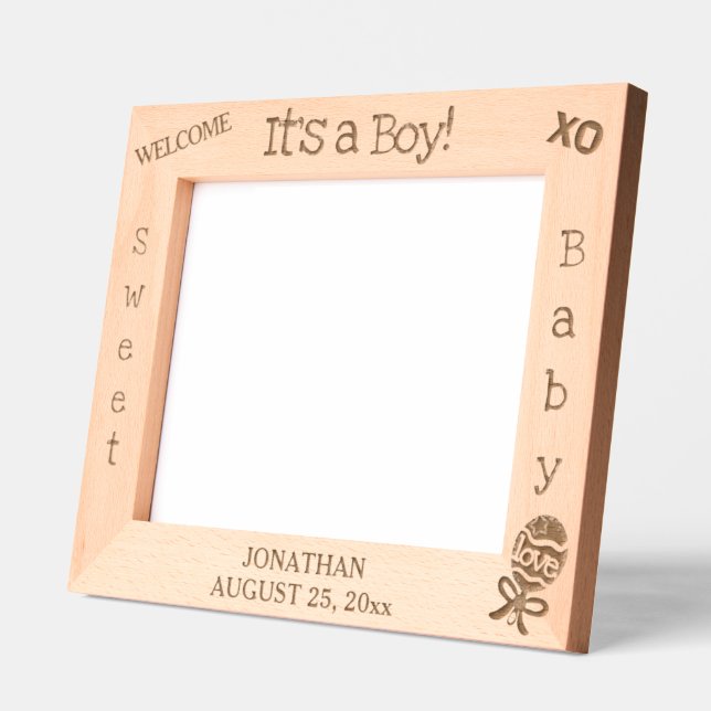 It's a Boy Baby Rattle Name 10 x 8 Photo Etched Frames (Left)