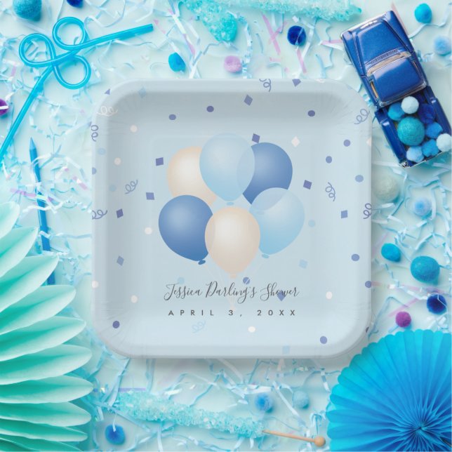 It's a Boy Baby Shower Blue Balloons & Confetti Paper Plate (Party)