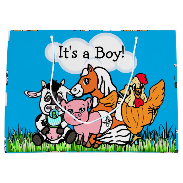 It's a Boy, Baby Shower Farm Animals Themed Large Gift Bag (Front)