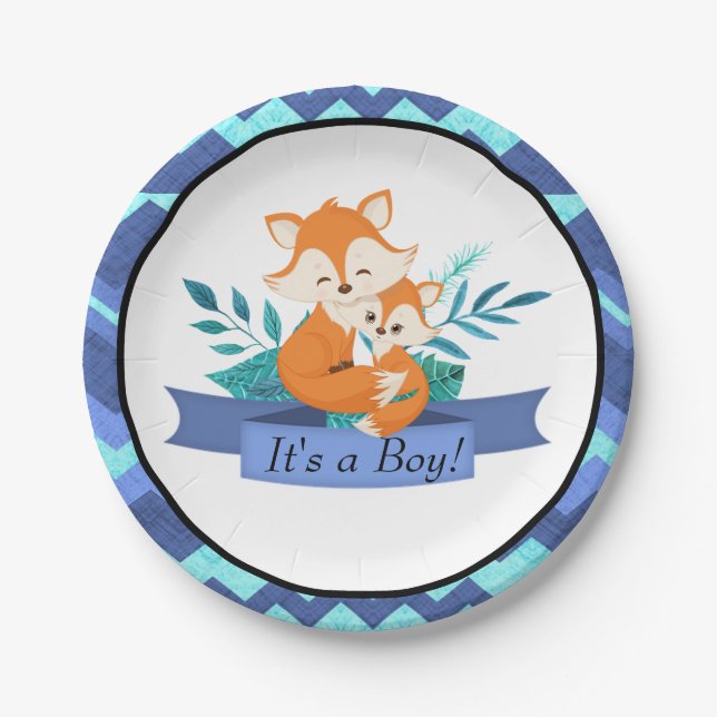 It's a Boy Baby Shower Fox Blue Paper Plate Animal (Front)
