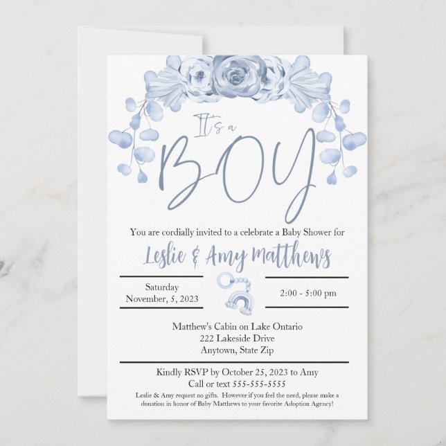 Its a boy Baby Shower invitation, Blue floral Invitation (Front)