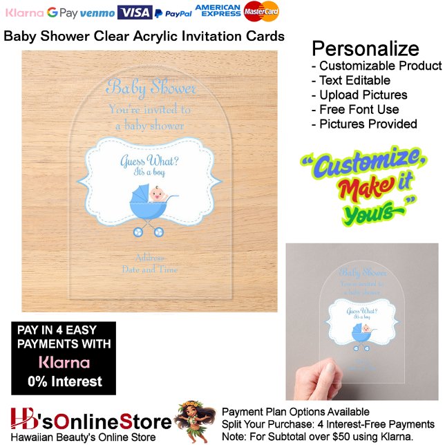 It's a Boy Baby shower Invitation Card 3 (Boy's Baby Shower Birth Party Supplies Celebrate Clear Acrylic Invitations 3.)
