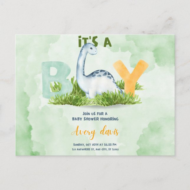 it's a boy, baby shower invitation, cute dinosaur postcard (Front)
