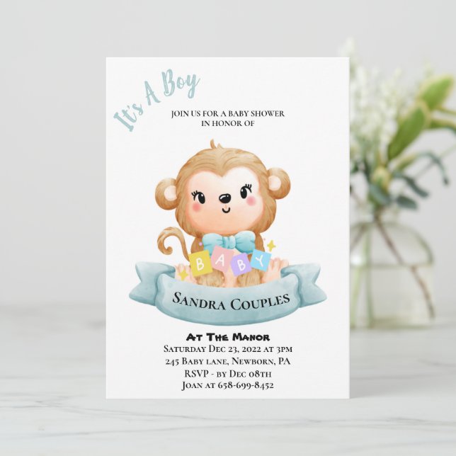 It's A Boy Baby Shower Monkey Invitation (Standing Front)