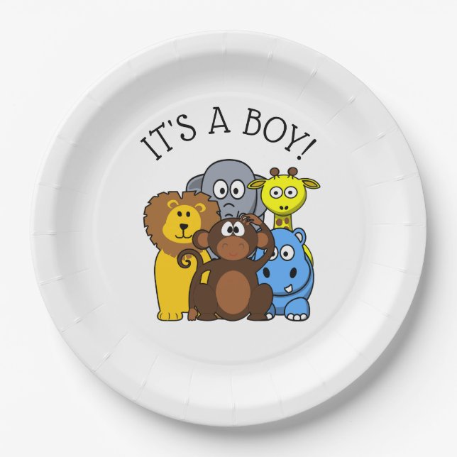 Its a Boy Baby shower Plate Zoo Animal Themed (Front)
