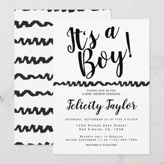 Its A Boy Baby Shower Typography Black White Invitation (Front/Back)