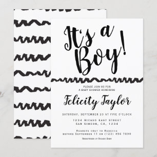 Its A Boy Baby Shower Typography Black White Invitation