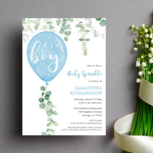 It's a boy baby sprinkle eucalyptus balloon invitation