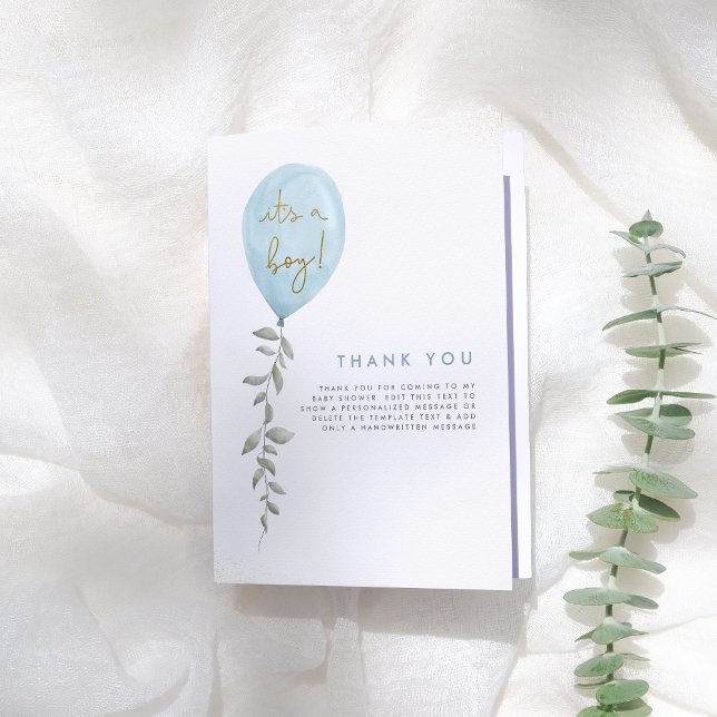 Its A Boy Balloon Greenery Baby Shower Thank You Card (Creator Uploaded)