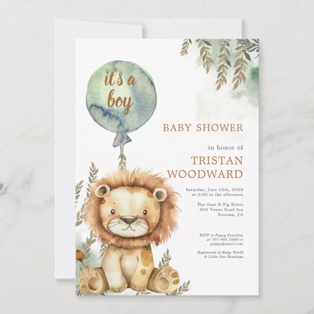 It's A Boy Balloon Lion Baby Shower Invitation (Front)