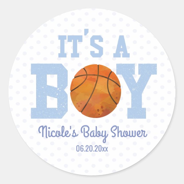 It's A Boy! Basketball Baby Shower Party Favour Classic Round Sticker (Front)