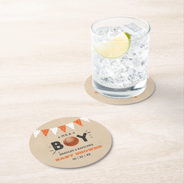 It's A Boy! Basketball Themed Co-ed Baby Shower Round Paper Coaster (Insitu)