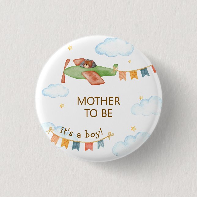 It's A Boy Bear Airplane Mother To Be Baby Shower  3 Cm Round Badge (Front)