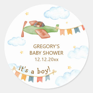 It's A Boy Bear Airplane Sky Baby Shower Classic Round Sticker