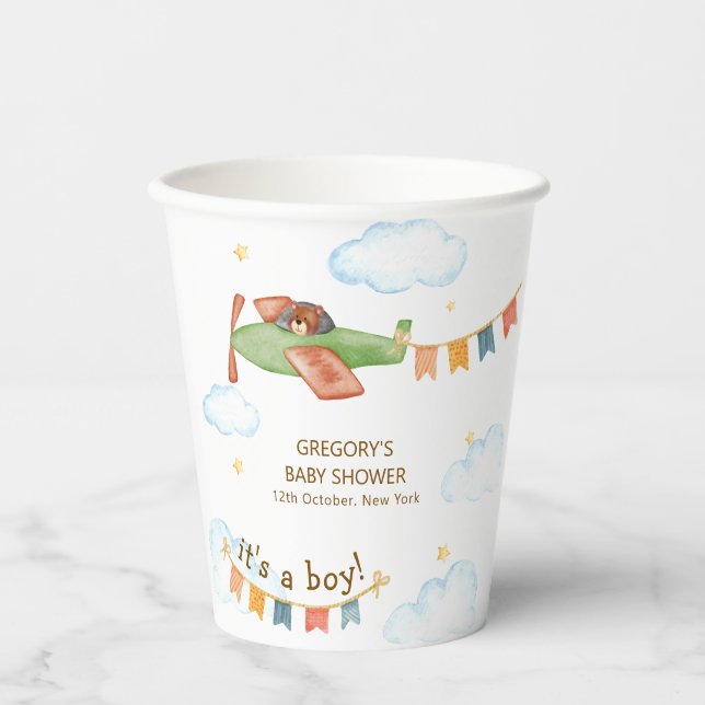It's A Boy Bear Airplane Sky Baby Shower  Paper Cups (Front)