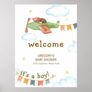 It's A Boy Bear Airplane Sky Baby Shower Welcome Poster