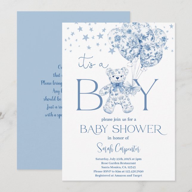 It's a Boy Bear Baby Shower Boy Invitation (Front/Back)