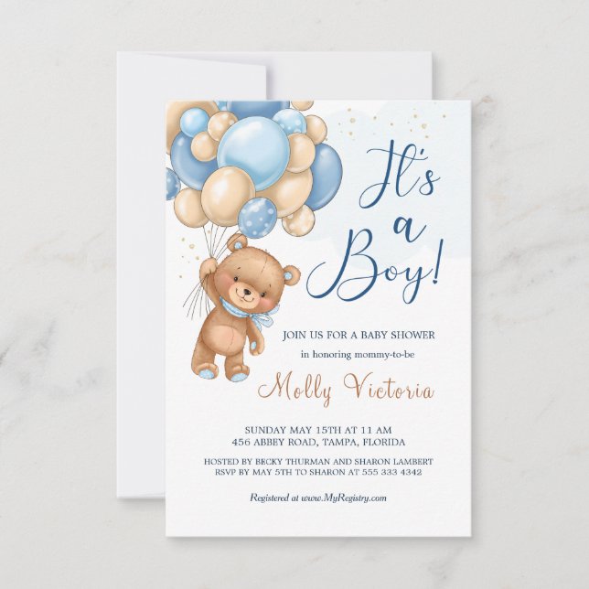 It's a Boy Bear Balloons Baby Shower  (Front)