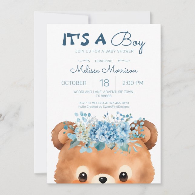 It's a boy Bear Blue Baby Shower Invitation (Front)