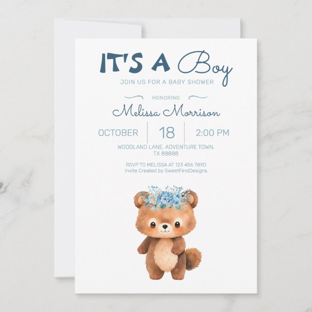 It's a boy Bear Boy Baby Shower Invitation (Front)